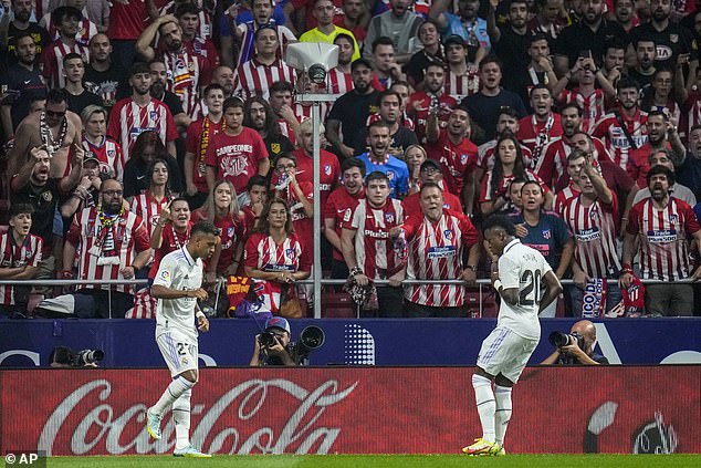 Vinicius danced with compatriot Rodrygo (left) after the latter gave Real the lead on Sunday. Carlo Ancelotti's side won 2-1, with Fede Valverde scoring before Mario Hermoso's consolation