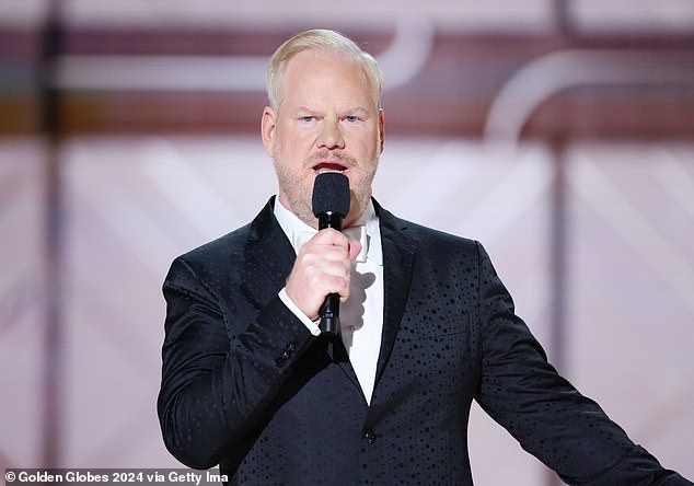 Her mention of 'jokes at award shows' could refer to the joke about Epstein made by comedian Jim Gaffigan (pictured) at the Golden Globe Awards on Sunday night