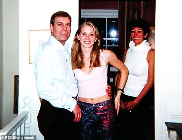 Prince Andrew, Virginia Roberts, aged 17, now known as Virginia Giuffre, and Ghislaine Maxwell at Ghislaine Maxwell's townhouse in London. The Duke of York denies ever meeting Ms Giuffre. (Pictured: Prince Andrew, Virginia Roberts, Ghislaine Maxwell)